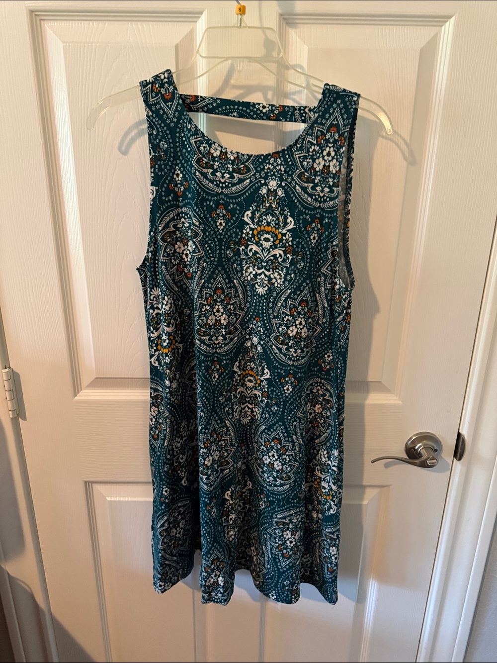 Sleeveless Teal Paisley Swing Dress with pockets